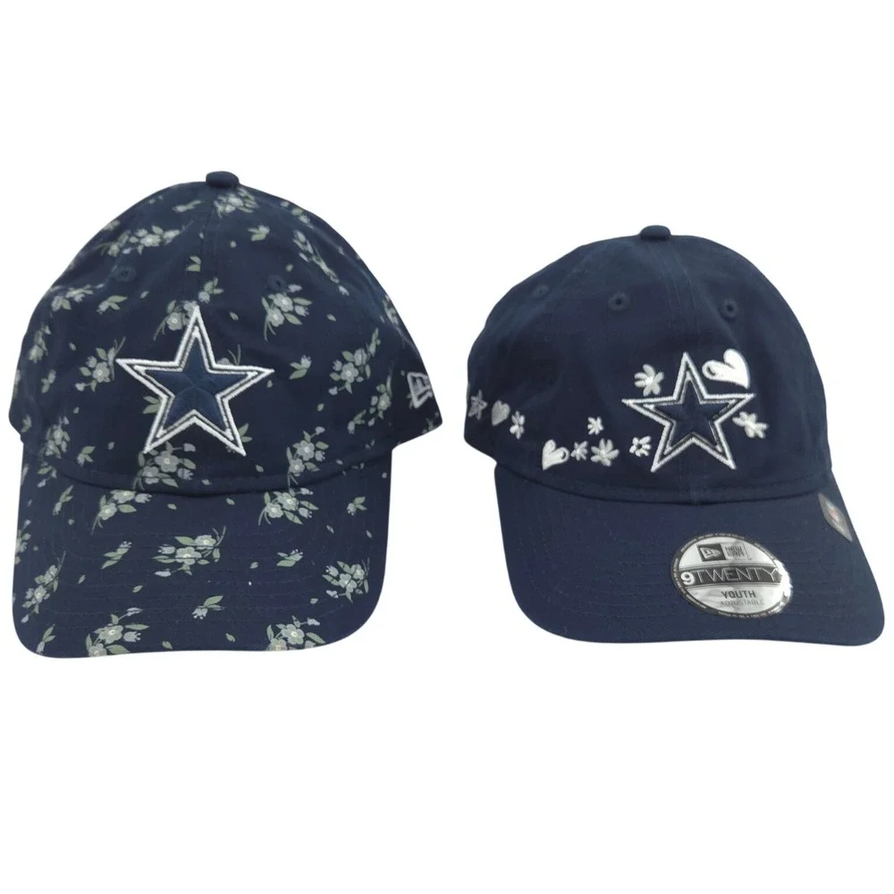 (LOT 2) New Era Dallas Cowboys Hats YOUTH Girl Adjustable Blue Floral Hearts NEW